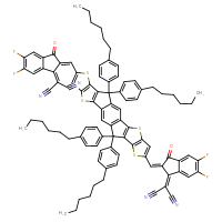 Chemical structure of 2-[(2E)-2-[(20-{[(2Z)-1-(dicyanomethylidene)-5,6-difluoro-3-oxo-2,3-dihydro-1H-inden-2-ylidene]methyl}-12,12,24,24-tetrakis(4-hexylphenyl)-5,9,17,21-tetrathiaheptacyclo[13.9.0.0³,¹³.0⁴,¹¹.0⁶,¹⁰.0¹⁶,²³.0¹⁸,²²]tetracosa-1(15),2,4(11),6(10),7,13,16(23),18(22),19-nonaen-8-yl)methylidene]-5,6-difluoro-3-oxo-2,3-dihydro-1H-inden-1-ylidene]propanedinitrile - CSSB02495327246