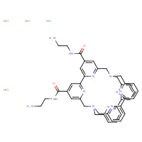 Chemical structure of N5,N10-bis(2-aminoethyl)-1,14,39,40,41,42,43,44-octaazaoctacyclo[12.12.12.1³,⁷.1⁸,¹².1¹⁶,²⁰.1²¹,²⁵.1²⁸,³².1³³,³⁷]tetratetraconta-3,5,7(44),8,10,12(43),16,18,20(42),21,23,25(41),28,30,32(40),33,35,37(39)-octadecaene-5,10-dicarboxamide tetrahydrochloride - CSSB20895628206