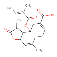 Chemical structure of 10-methyl-4-{[(2E)-2-methylbut-2-enoyl]oxy}-3-methylidene-2-oxo-2H,3H,3aH,4H,5H,8H,9H,11aH-cyclodeca[b]furan-6-carboxylic acid - CSSB00102585928