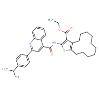 Chemical structure of ethyl 2-{2-[4-(propan-2-yl)phenyl]quinoline-4-amido}-4H,5H,6H,7H,8H,9H,10H,11H,12H,13H-cyclododeca[b]thiophene-3-carboxylate - CSSB00121674628