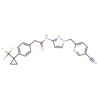 Chemical structure of N-{1-[(5-cyanopyridin-2-yl)methyl]-1H-pyrazol-3-yl}-2-{4-[1-(trifluoromethyl)cyclopropyl]phenyl}acetamide - CSSB00150710055