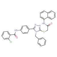 Chemical structure of N-{4-[4-benzyl-5-({[(naphthalen-1-yl)carbamoyl]methyl}sulfanyl)-4H-1,2,4-triazol-3-yl]phenyl}-2-chlorobenzamide - CSSB00121630052
