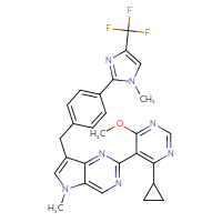 Chemical structure of 4-cyclopropyl-6-methoxy-5-[5-methyl-7-({4-[1-methyl-4-(trifluoromethyl)-1H-imidazol-2-yl]phenyl}methyl)-5H-pyrrolo[3,2-d]pyrimidin-2-yl]pyrimidine - CSSB06741706377