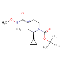 Chemical structure of rac-tert-butyl (2R,4R)-2-cyclopropyl-4-[methoxy(methyl)carbamoyl]piperidine-1-carboxylate - CSSB20538343862