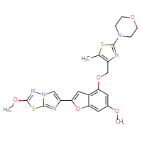 Chemical structure of 4-(4-{[(6-methoxy-2-{2-methoxyimidazo[2,1-b][1,3,4]thiadiazol-6-yl}-1-benzofuran-4-yl)oxy]methyl}-5-methyl-1,3-thiazol-2-yl)morpholine - CSSB00161154559