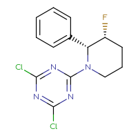 Chemical structure of 2,4-dichloro-6-[(2R,3R)-3-fluoro-2-phenylpiperidin-1-yl]-1,3,5-triazine - CSSB21332147549