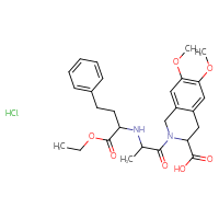 Chemical structure of 2-{2-[(1-ethoxy-1-oxo-4-phenylbutan-2-yl)amino]propanoyl}-6,7-dimethoxy-1,2,3,4-tetrahydroisoquinoline-3-carboxylic acid hydrochloride - CSSB00020664870
