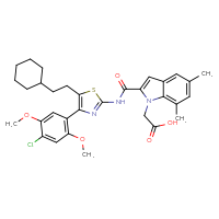 Chemical structure of 2-(2-{[4-(4-chloro-2,5-dimethoxyphenyl)-5-(2-cyclohexylethyl)-1,3-thiazol-2-yl]carbamoyl}-5,7-dimethyl-1H-indol-1-yl)acetic acid - CSSB02515422002