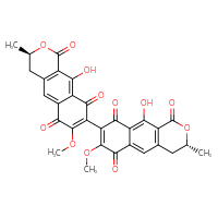 Chemical structure of (3R)-10-hydroxy-8-[(3R)-10-hydroxy-7-methoxy-3-methyl-1,6,9-trioxo-1H,3H,4H,6H,9H-naphtho[2,3-c]pyran-8-yl]-7-methoxy-3-methyl-1H,3H,4H,6H,9H-naphtho[2,3-c]pyran-1,6,9-trione - CSSB00132303375