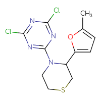 Chemical structure of 2,4-dichloro-6-[3-(5-methylfuran-2-yl)thiomorpholin-4-yl]-1,3,5-triazine - CSSB21332152741