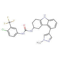 Chemical structure of 1-[4-chloro-3-(trifluoromethyl)phenyl]-3-[5-(1-methyl-1H-pyrazol-4-yl)-2,3,4,9-tetrahydro-1H-carbazol-3-yl]urea - CSSB02495324918