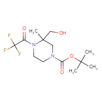 Chemical structure of tert-butyl 3-(hydroxymethyl)-3-methyl-4-(2,2,2-trifluoroacetyl)piperazine-1-carboxylate - CSSB03496575406