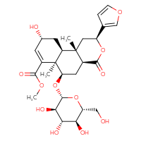 Chemical structure of methyl (2S,4aS,6R,6aR,9R,10aS,10bS)-2-(furan-3-yl)-9-hydroxy-6a,10b-dimethyl-4-oxo-6-{[(2R,3R,4S,5S,6R)-3,4,5-trihydroxy-6-(hydroxymethyl)oxan-2-yl]oxy}-1H,2H,4H,4aH,5H,6H,6aH,9H,10H,10aH,10bH-naphtho[2,1-c]pyran-7-carboxylate - CSSB00137410370