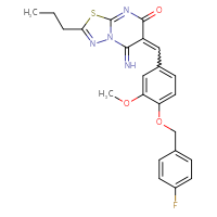 Chemical structure of 6-({4-[(4-fluorophenyl)methoxy]-3-methoxyphenyl}methylidene)-5-imino-2-propyl-5H,6H,7H-[1,3,4]thiadiazolo[3,2-a]pyrimidin-7-one - CSSB00121639015
