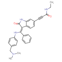 Chemical structure of 3-[(3Z)-3-[({4-[(dimethylamino)methyl]phenyl}amino)(phenyl)methylidene]-2-oxo-2,3-dihydro-1H-indol-6-yl]-N-ethylprop-2-ynamide - CSSB00025756537