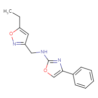 Chemical structure of N-[(5-ethyl-1,2-oxazol-3-yl)methyl]-4-phenyl-1,3-oxazol-2-amine - CSSB15171483788