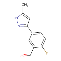 Chemical structure of 2-fluoro-5-(5-methyl-1H-pyrazol-3-yl)benzaldehyde - CSSB06659226672