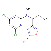 Chemical structure of 4,6-dichloro-N-methyl-N-[1-(5-methyl-1,2,4-oxadiazol-3-yl)propyl]-1,3,5-triazin-2-amine - CSSB09888381439
