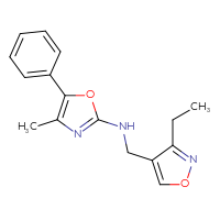 Chemical structure of N-[(3-ethyl-1,2-oxazol-4-yl)methyl]-4-methyl-5-phenyl-1,3-oxazol-2-amine - CSSB21495909400