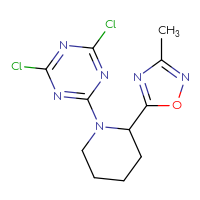 Chemical structure of 2,4-dichloro-6-[2-(3-methyl-1,2,4-oxadiazol-5-yl)piperidin-1-yl]-1,3,5-triazine - CSSB21332129394