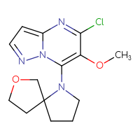 Chemical structure of 1-{5-chloro-6-methoxypyrazolo[1,5-a]pyrimidin-7-yl}-7-oxa-1-azaspiro[4.4]nonane - CSSS14948277940