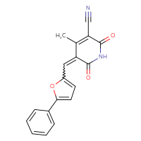 Chemical structure of 4-methyl-2,6-dioxo-5-[(5-phenylfuran-2-yl)methylidene]-1,2,5,6-tetrahydropyridine-3-carbonitrile - CSSB14855344329