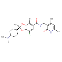 Chemical structure of (2S)-7-chloro-N-[(4,6-dimethyl-2-oxo-1,2-dihydropyridin-3-yl)methyl]-2-[4-(dimethylamino)cyclohexyl]-2,4-dimethyl-2H-1,3-benzodioxole-5-carboxamide - CSSB14813039663