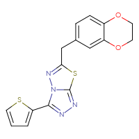 Chemical structure of 6-[(2,3-dihydro-1,4-benzodioxin-6-yl)methyl]-3-(thiophen-2-yl)-[1,2,4]triazolo[3,4-b][1,3,4]thiadiazole - CSSB00121637474