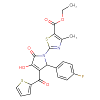 Chemical structure of ethyl 2-[2-(4-fluorophenyl)-4-hydroxy-5-oxo-3-(thiophene-2-carbonyl)-2,5-dihydro-1H-pyrrol-1-yl]-4-methyl-1,3-thiazole-5-carboxylate - CSSB00028109894