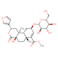 Chemical structure of methyl (2S,4aR,6aR,9R,10aR,10bS)-2-(furan-3-yl)-4a-hydroxy-6a,10b-dimethyl-4-oxo-9-{[(2R,3R,4S,5S,6R)-3,4,5-trihydroxy-6-(hydroxymethyl)oxan-2-yl]oxy}-1H,2H,4H,4aH,5H,6H,6aH,9H,10H,10aH,10bH-naphtho[2,1-c]pyran-7-carboxylate - CSSB00137410588