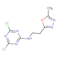 Chemical structure of 4,6-dichloro-N-[2-(5-methyl-1,3,4-oxadiazol-2-yl)ethyl]-1,3,5-triazin-2-amine - CSSB21332134846