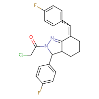 Chemical structure of 2-chloro-1-[3-(4-fluorophenyl)-7-[(4-fluorophenyl)methylidene]-3,3a,4,5,6,7-hexahydro-2H-indazol-2-yl]ethan-1-one - CSSB00015194097