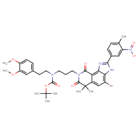Chemical structure of tert-butyl N-{3-[4-bromo-6,6-dimethyl-2-(4-methyl-3-nitrophenyl)-7,9-dioxo-3H,6H,7H,8H,9H-imidazo[4,5-h]isoquinolin-8-yl]propyl}-N-[2-(3,4-dimethoxyphenyl)ethyl]carbamate - CSSB03436536489