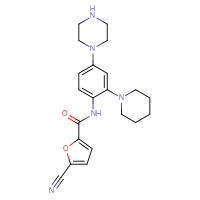 Chemical structure of 5-cyano-N-[4-(piperazin-1-yl)-2-(piperidin-1-yl)phenyl]furan-2-carboxamide - CSSB21377158186