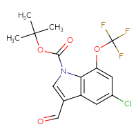 Chemical structure of tert-butyl 5-chloro-3-formyl-7-(trifluoromethoxy)-1H-indole-1-carboxylate - CSSB21332152674
