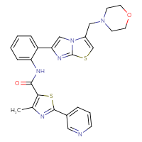 Chemical structure of 4-methyl-N-(2-{3-[(morpholin-4-yl)methyl]imidazo[2,1-b][1,3]thiazol-6-yl}phenyl)-2-(pyridin-3-yl)-1,3-thiazole-5-carboxamide - CSSB00102419764