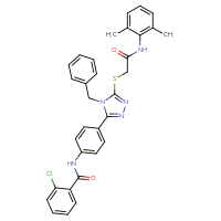 Chemical structure of N-{4-[4-benzyl-5-({[(2,6-dimethylphenyl)carbamoyl]methyl}sulfanyl)-4H-1,2,4-triazol-3-yl]phenyl}-2-chlorobenzamide - CSSB00121630149