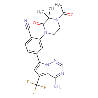 Chemical structure of 2-(4-acetyl-3,3-dimethyl-2-oxopiperazin-1-yl)-4-[4-amino-5-(trifluoromethyl)pyrrolo[2,1-f][1,2,4]triazin-7-yl]benzonitrile - CSSB02495325644