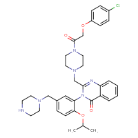 Chemical structure of 2-({4-[2-(4-chlorophenoxy)acetyl]piperazin-1-yl}methyl)-3-{5-[(piperazin-1-yl)methyl]-2-(propan-2-yloxy)phenyl}-3,4-dihydroquinazolin-4-one - CSSB02495326415