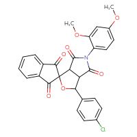 Chemical structure of 3-(4-chlorophenyl)-5-(2,4-dimethoxyphenyl)-1',3,3',3a,4,5,6,6a-octahydrospiro[furo[3,4-c]pyrrole-1,2'-indene]-1',3',4,6-tetrone - CSSB00121690172