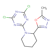 Chemical structure of 2,4-dichloro-6-[2-(5-methyl-1,3,4-oxadiazol-2-yl)piperidin-1-yl]-1,3,5-triazine - CSSB21332060039
