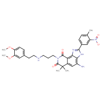 Chemical structure of 4-amino-8-(3-{[2-(3,4-dimethoxyphenyl)ethyl]amino}propyl)-6,6-dimethyl-2-(4-methyl-3-nitrophenyl)-3H,6H,7H,8H,9H-imidazo[4,5-h]isoquinoline-7,9-dione - CSSB02235354188
