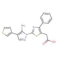 Chemical structure of 2-{2-[5-amino-4-(thiophen-3-yl)-1H-pyrazol-1-yl]-4-phenyl-1,3-thiazol-5-yl}acetic acid - CSSB00025730046
