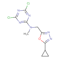 Chemical structure of 4,6-dichloro-N-[(5-cyclopropyl-1,3,4-oxadiazol-2-yl)methyl]-N-methyl-1,3,5-triazin-2-amine - CSSB06823598607