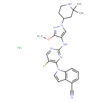 Chemical structure of 1-(2-{[1-(2,2-dimethylpiperidin-4-yl)-3-methoxy-1H-pyrazol-4-yl]amino}-5-fluoropyrimidin-4-yl)-1H-indole-4-carbonitrile hydrochloride - CSSB21332035174