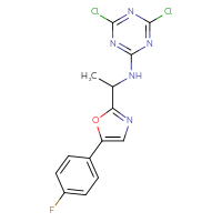 Chemical structure of 4,6-dichloro-N-{1-[5-(4-fluorophenyl)-1,3-oxazol-2-yl]ethyl}-1,3,5-triazin-2-amine - CSSB21332128681