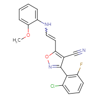 Chemical structure of 3-(2-chloro-6-fluorophenyl)-5-{2-[(2-methoxyphenyl)amino]ethenyl}-1,2-oxazole-4-carbonitrile - CSSB02125603614