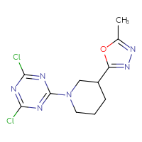 Chemical structure of 2,4-dichloro-6-[3-(5-methyl-1,3,4-oxadiazol-2-yl)piperidin-1-yl]-1,3,5-triazine - CSSB21332129395
