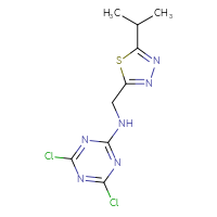 Chemical structure of 4,6-dichloro-N-{[5-(propan-2-yl)-1,3,4-thiadiazol-2-yl]methyl}-1,3,5-triazin-2-amine - CSSB20669200899