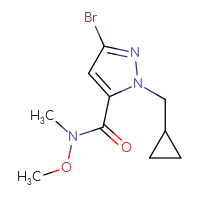 Chemical structure of 3-bromo-1-(cyclopropylmethyl)-N-methoxy-N-methyl-1H-pyrazole-5-carboxamide - CSSB06990749924